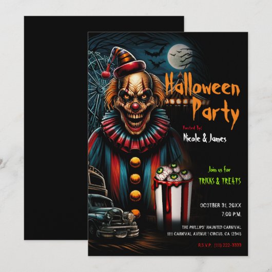 Invitation Clown de carnaval effrayant pour la fête d'Hallowe (Devant / Derrière)