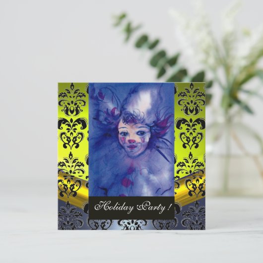 Invitation CLOWN EN PURPLE, JAUNE BLACK DAMASK MONOGRAM bleu (Debout devant)