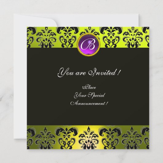 Invitation CLOWN EN PURPLE, JAUNE BLACK DAMASK MONOGRAM bleu (Dos)