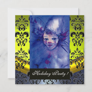 Invitation CLOWN EN PURPLE, JAUNE BLACK DAMASK MONOGRAM bleu