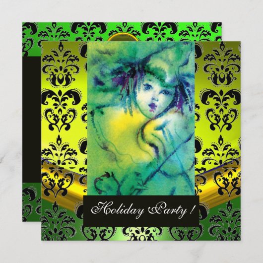 Invitation CLOWN EN VERT, JAUNE, BLACK DAMASK MONOGRAM Gem (Devant / Derrière)