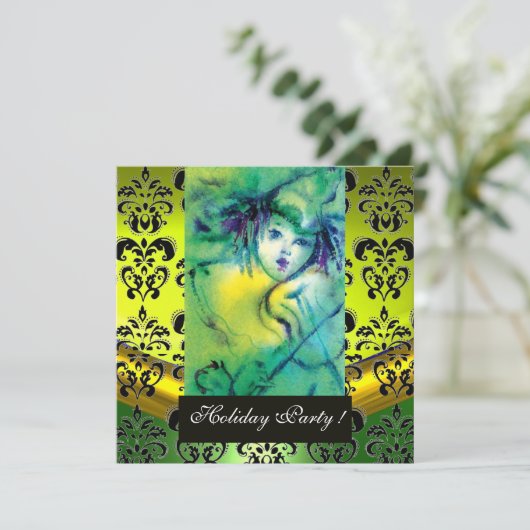 Invitation CLOWN EN VERT, JAUNE, BLACK DAMASK MONOGRAM Gem (Debout devant)