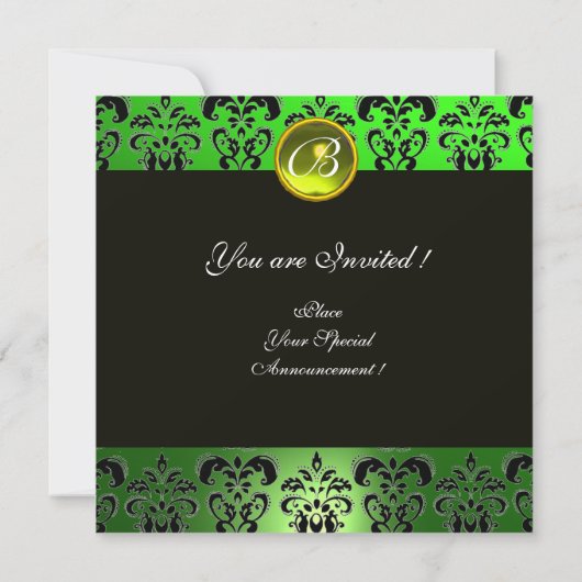 Invitation CLOWN EN VERT, JAUNE, BLACK DAMASK MONOGRAM Gem (Dos)
