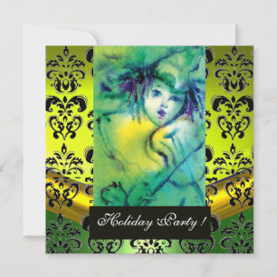 Invitation CLOWN EN VERT, JAUNE, BLACK DAMASK MONOGRAM Gem
