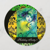 Invitation CLOWN EN VERT, JAUNE, BLACK DAMASK MONOGRAM Gem (Devant / Derrière)