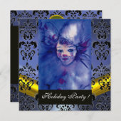 Invitation CLOWN IN PURPLE, BLACK DAMASK MONOGRAM bleu topaz (Devant / Derrière)