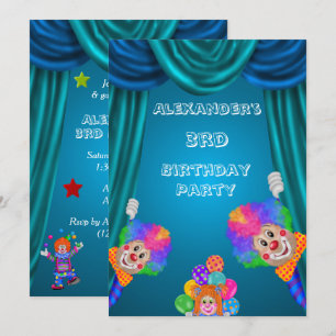 Invitation Clowns Espiègles 3ème Anniversaire Garçon Double F
