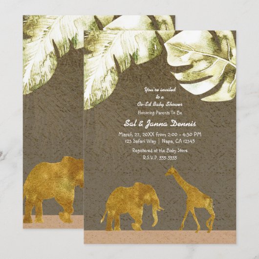 Invitation Co-ed Baby shower Gold Safari Jungle Animaux (Devant / Derrière)