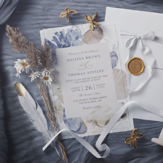 Invitation Coastal beach blue seashell qr code wedding