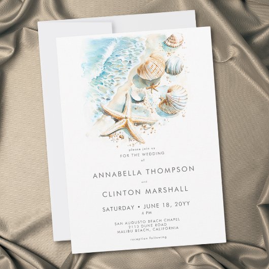 Invitation Coastal Beach Shell Modern Watercolor Wedding