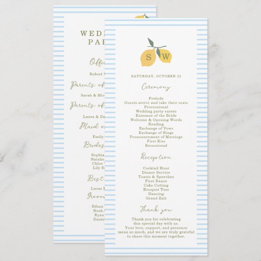 Invitation Coastal Blue Lemon Amalfi Wedding Program Card (Devant / Derrière)