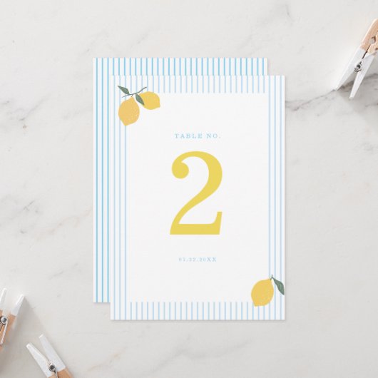 Invitation Coastal Blue Lemon Amalfi Wedding Table Number (Devant/Arrière en situation)