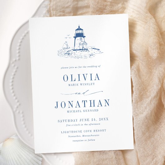 Invitation Coastal Blue Toile Lighthouse Wedding