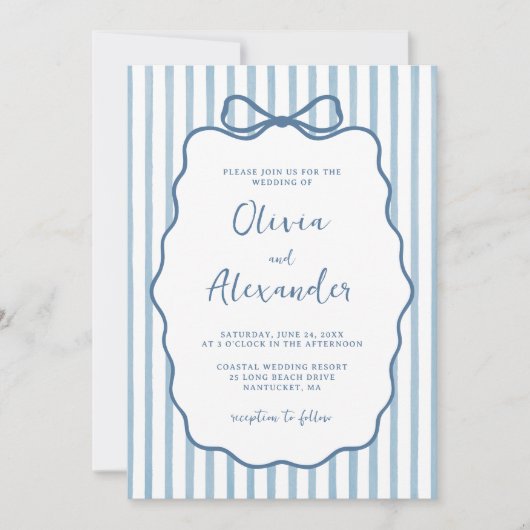 Invitation Coastal Blue Whimsical Stripe Bow Wedding (Devant)