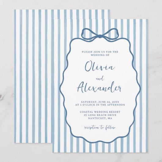 Invitation Coastal Blue Whimsical Stripe Bow Wedding (Devant / Derrière)