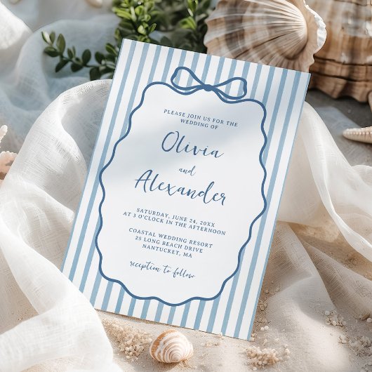 Invitation Coastal Blue Whimsical Stripe Bow Wedding