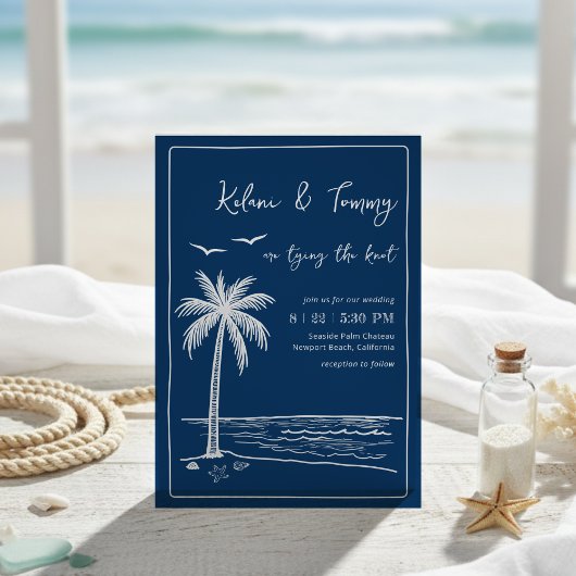 Invitation Coastal Blues Palm Tree Beach Wedding