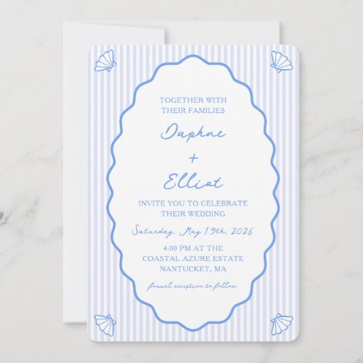 Invitation Coastal Chic Bleu & Blanc Striped Wavy Mariage (Devant)