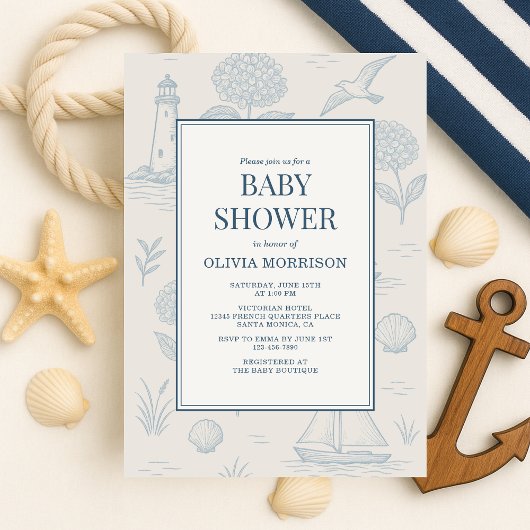 Invitation Coastal French Toile Blue Floral Baby Shower