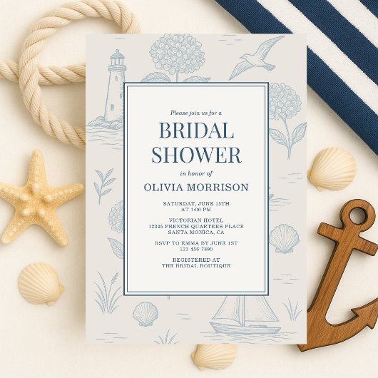 Invitation Coastal French Toile Blue Floral Bridal Shower