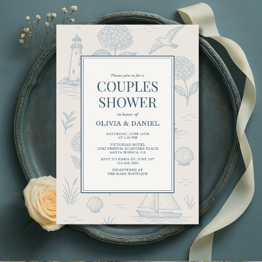 Invitation Coastal French Toile Blue Floral Couples Shower