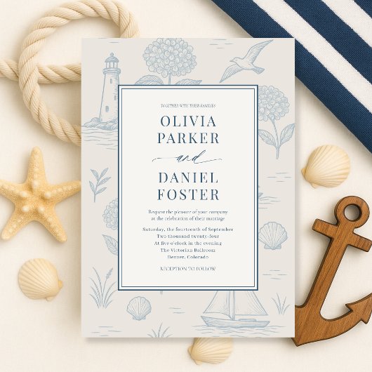 Invitation Coastal French Toile Blue Floral Wedding