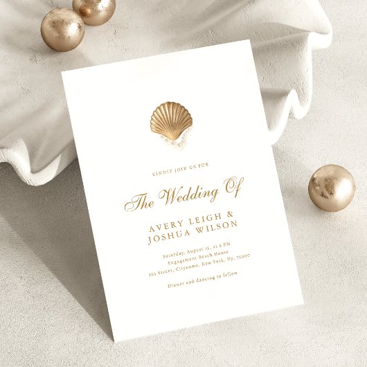 Invitation Coastal Gold Seashell & Pearls Beach Wedding