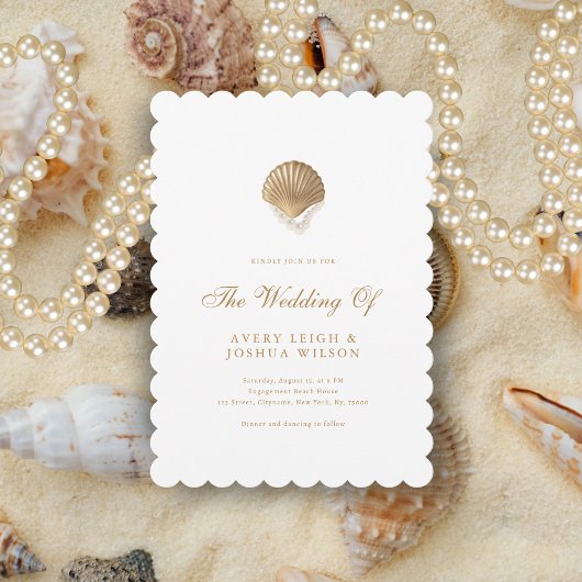 Invitation Coastal Gold Seashell & Pearls Beach Wedding