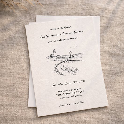 Invitation Coastal Hand Drawn Black & White Wedding
