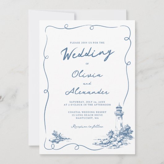 Invitation Coastal Hand Drawn Whimsical Lighthouse Wedding  (Devant)