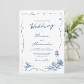 Invitation Coastal Hand Drawn Whimsical Lighthouse Wedding  (Debout devant)