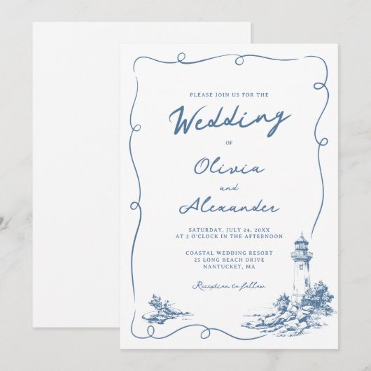 Invitation Coastal Hand Drawn Whimsical Lighthouse Wedding (Devant / Derrière)