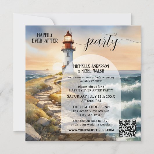 Invitation Coastal Lighthouse Happily Ever After Wedding (Devant)