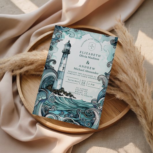Invitation Coastal Lighthouse Wave Wedding
