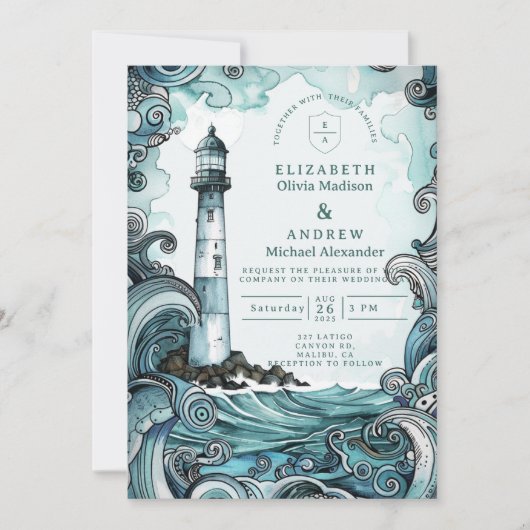 Invitation Coastal Lighthouse Wave Wedding (Devant)