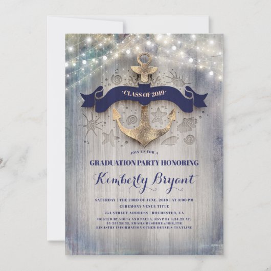 Invitation Coastal Nautical Golden Ancre Graduation (Devant)