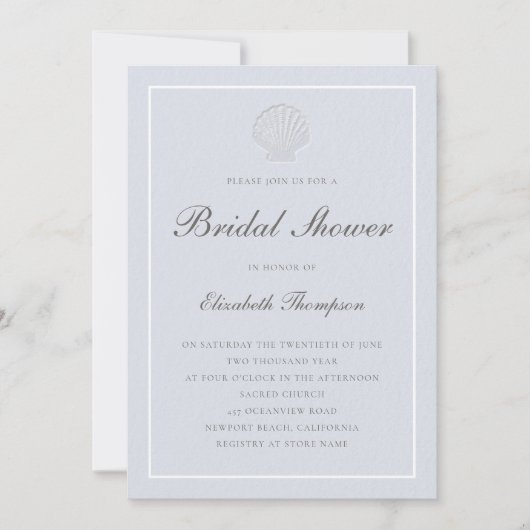 Invitation Coastal Nautical Shell Blue White Bridal Shower (Devant)