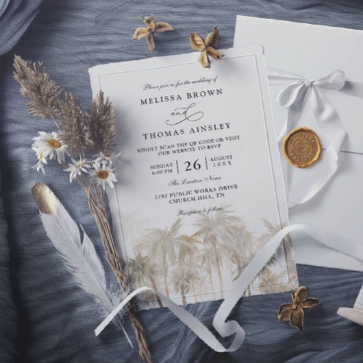Invitation Coastal Palm Trees Beach Modern QR Code Wedding