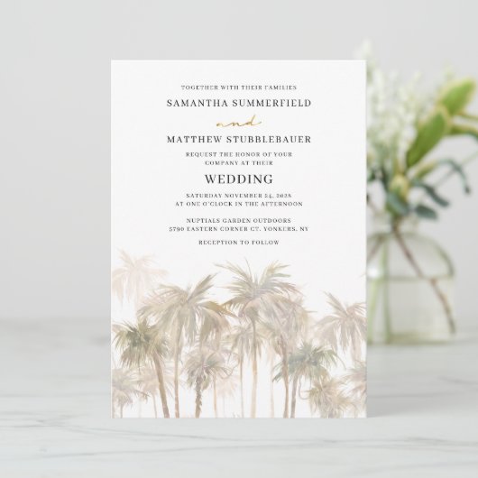 Invitation Coastal Palm Trees Beach Wedding (Debout devant)