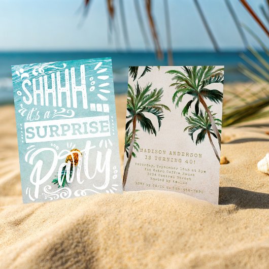 Invitation Coastal Palm Trees Surprise Party Beach Birthday