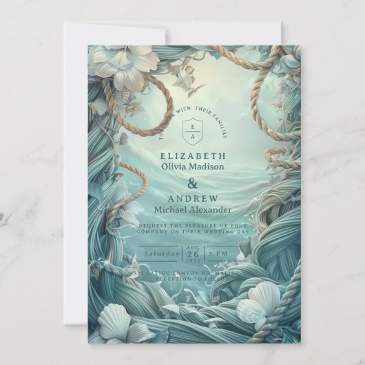 Invitation Coastal Rope Botanical Ocean Wedding (Devant)