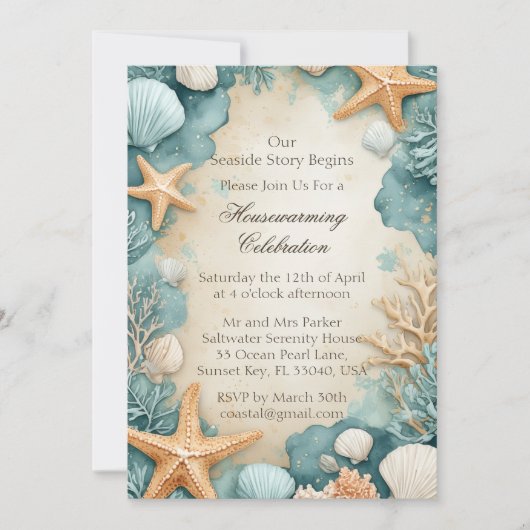 Invitation Coastal Sandy Beach Seashells Housewarming Party (Devant)