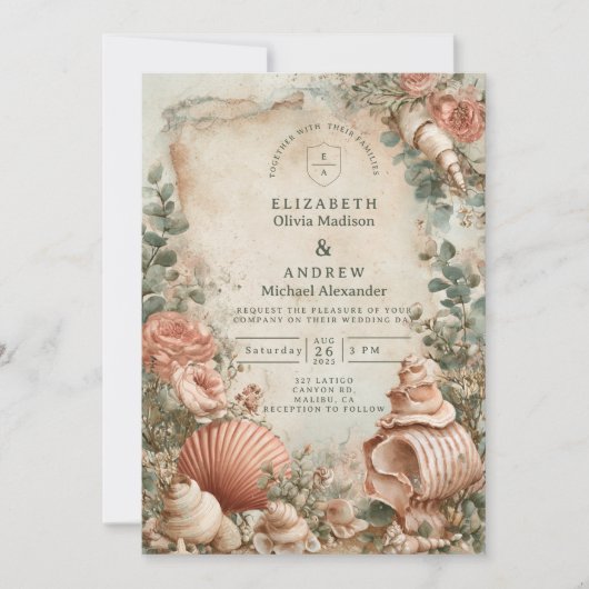 Invitation Coastal Seashell Botanical Elegance (Devant)