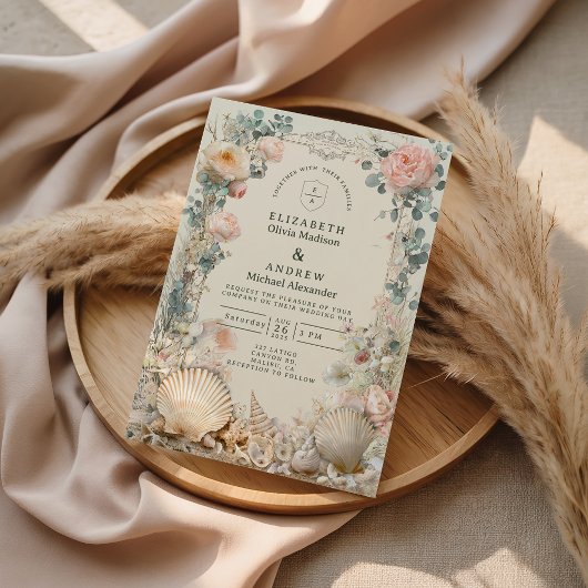Invitation Coastal Seashell Botanical Wedding