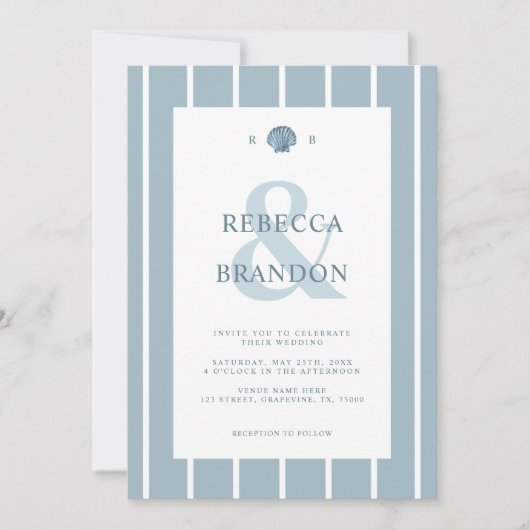 Invitation Coastal Seashell Monogramme bleu QR Code Mariage (Devant)