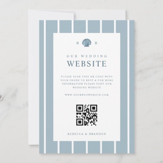 Invitation Coastal Seashell Monogramme bleu QR Code Mariage (Dos)