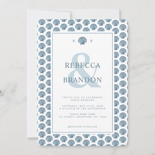 Invitation Coastal Seashell Motif Monogramme QR Code Mariage (Devant)