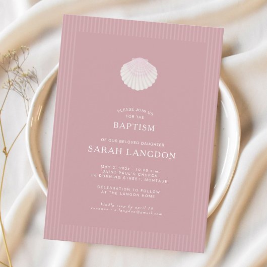 Invitation Coastal shell dusty pink striped baptism Invitatio