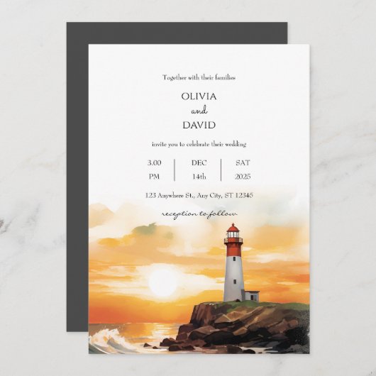 Invitation Coastal Sunset Waves Lighthouse Beach Mariage (Devant / Derrière)