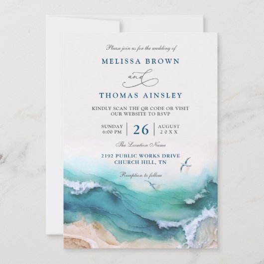 Invitation Coastal the Beach Destination QR Code Wedding (Devant)